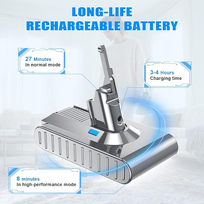 JUNWOOD Upgraded 8000mAh Replacement for Dyson V8 Battery 21.6V Li-ion Compatible with SV10 215681 967834-05 V8 Absolute Animal Motorhead Fluffy Series Cordless Vacuum