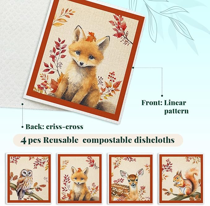 Fall Animal Swedish Dishcloths for Kitchen Cloths Towels, Cute Deer Fox Owl Squirrel Autumn Farm House Gifts 4 Pack Dish Cloths for Kitchen, Papaya Reusable Cleaning Paper Towels Washable
