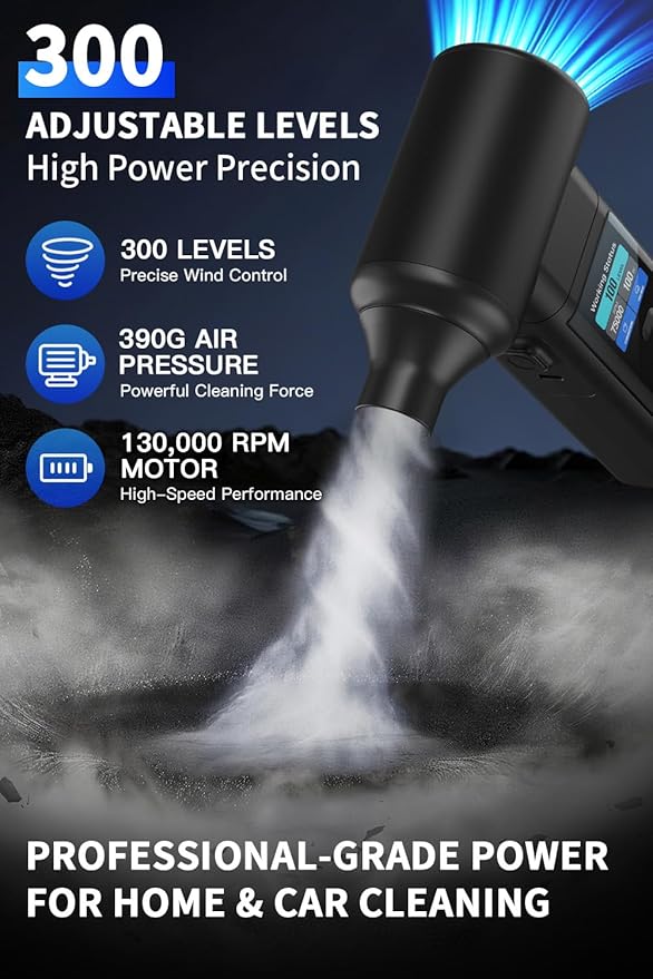 Instant Dust Removal – Electric Air Duster 130000 RPM, 40 mm Motor, 8000 mAh Battery & 30 W Fast Charge, TFT Screen, 300-Speed Control, Rechargeable Compressed Air Blower for PC & Electronics