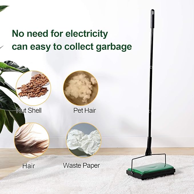 Yocada Carpet Sweeper Cleaner for Home Office Low Carpets Rugs Undercoat Carpets Pet Hair Dust Scraps Paper Small Rubbish Cleaning with a Brush Green