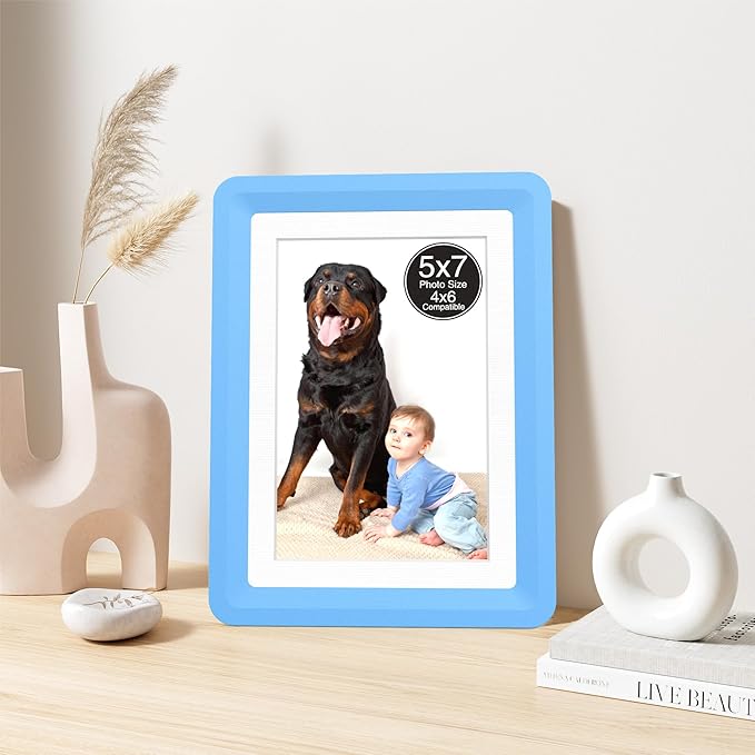 1-Pack 5x7 Picture Frame or 4x6 with Mat – Shatterproof Plastic Photo Frame for Family, Nursery, and Playroom, Wall & Tabletop Picture Frames for Home, Office, Safe & Lightweight Design in Sky Blue