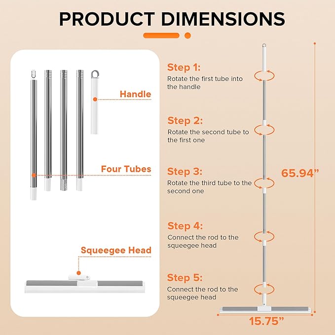 65" Long Handle Silicone Floor Squeegee -180° Rotating Head with Adjustable Handle, Removes Foam, Water Stains & Pet Hair, Ideal for Tile, Marble, Wood Floors, Glass, Shower, Kitchen & Bathroom