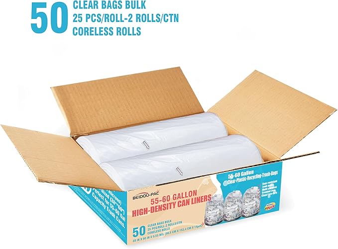 BEIDOU-PAC 55-60 Gallon Trash Bags, 50 Count Bulk, Heavy Duty Clear Plastic Recycling Bags, Multi-purpose Garbage Bags for home Commercial, Outdoor, Construction, Industrial, Lawn, Leaf