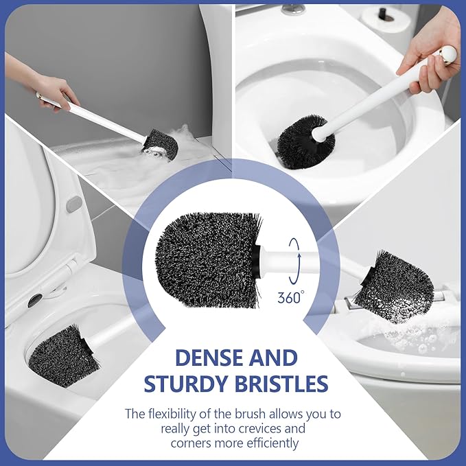 Gold and White Toilet Brush Set with Ergonomic Solid Long Handle, Auto-Opening Base, and Ventilated Base - Great for Bathroom and Toilet Cleaning, White and Gold Bathroom Accessories
