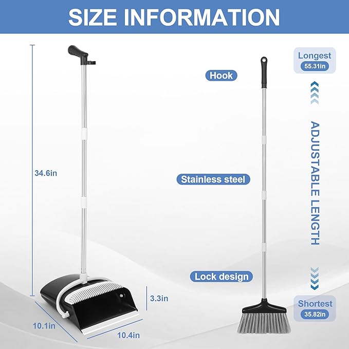 Broom and Dustpan Set with Long Handle, Upright Standing Design, Indoor Outdoor Cleaning Combo, Black and Gray