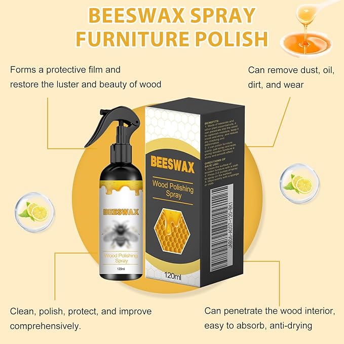 Natural Beeswax Care Spray & Restorer, Bees Wax Furniture Polish and Cleaner, Wood Floor Polish,Bees wax Sprays Cleaner,For Living Room, Kitchen, Leather and Furnitures Polishes (2 PCS,120ML)