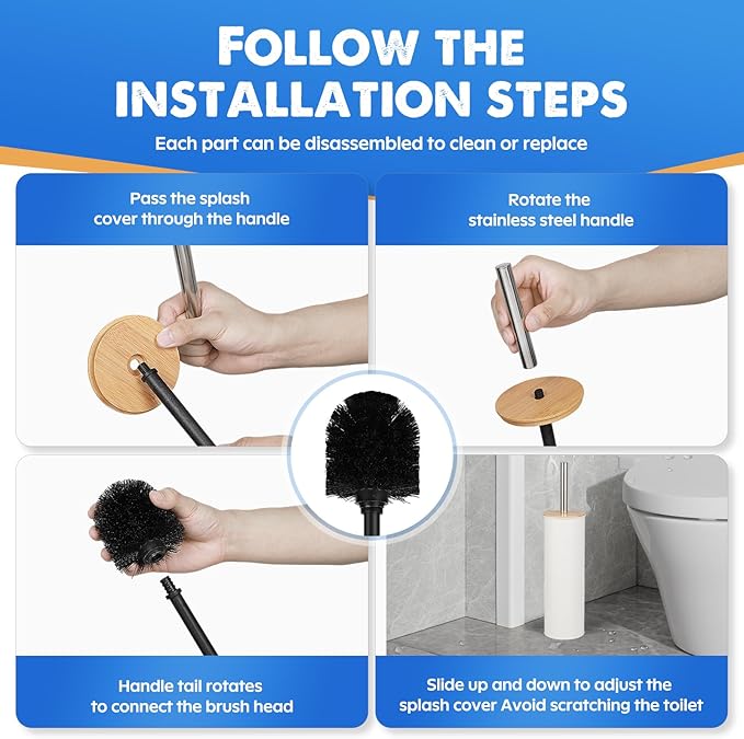 Compact Toilet Brush & Holder,SetStainless Steel Handle Toilet Brush,Deep Cleaning,Durable Nylon Bristles,Splash-Proof Design(White&Black)