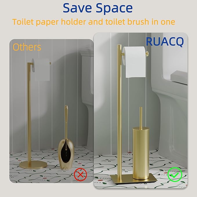 RUACQ Toilet Paper Holder Stand with Toilet Brush and Holder Set, 304 Stainless Steel Bathroom Toilet Tissue Paper Roll Holder Free Standing, Weighted Base, Heavy Duty (Brushed Gold)