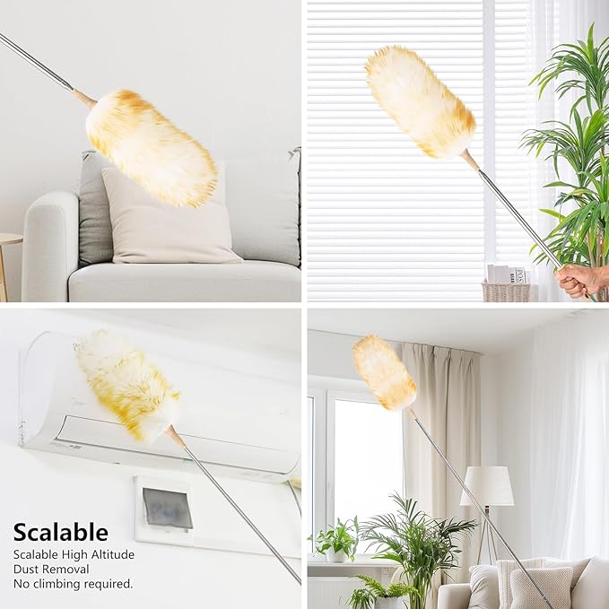 Lambswool Extendable Duster 32-98 Inch, Anti-Static Flexible Head, Stainless Steel Pole for High Ceilings, Fans, Interior & Roof Dusting(Two Pack)