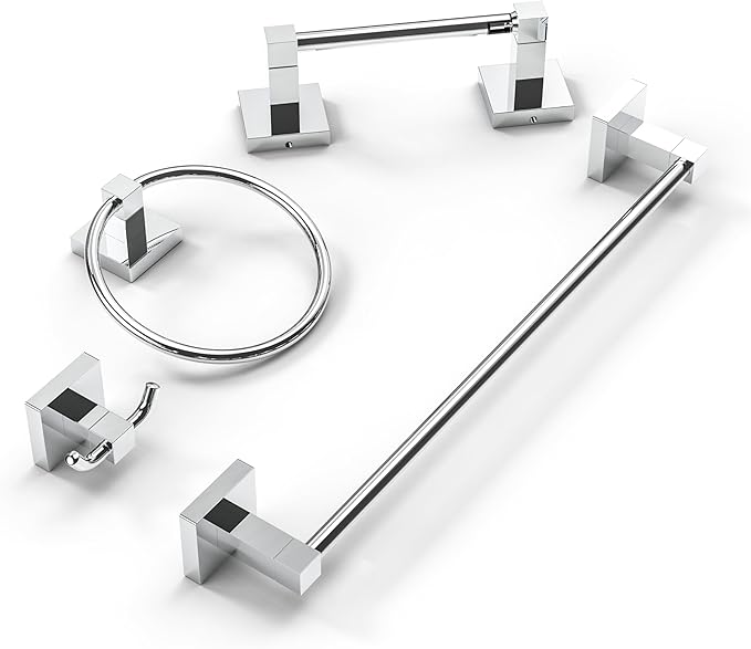 Ruacq Chrome 4pcs Bathroom Hardware Set-Toilet Paper Holder-Towel Ring -Towel Hooks for bathrooms-18 Inch Towel Bar Stainless Steel Wall Mounted, Bathroom Accessories Set