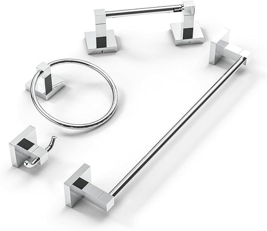 Ruacq Chrome 4pcs Bathroom Hardware Set-Toilet Paper Holder-Towel Ring -Towel Hooks for bathrooms-18 Inch Towel Bar Stainless Steel Wall Mounted, Bathroom Accessories Set