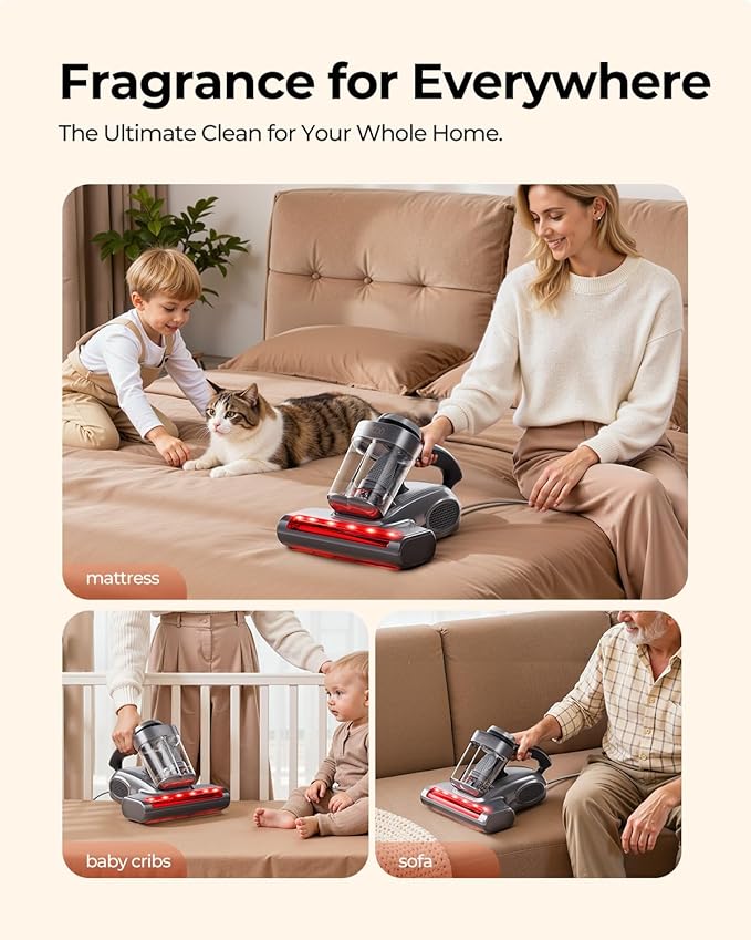 JIGOO J300 Pro Matture Vacuum Cleaner with 14Kpa 550W Powerful Suction, Infrared, UV & Heating Tech for Deep Cleaning, Anti-Allergen Bed Vacuum with Dust Sensor & Plant Fragrance for Bed, Sofa, Crib.