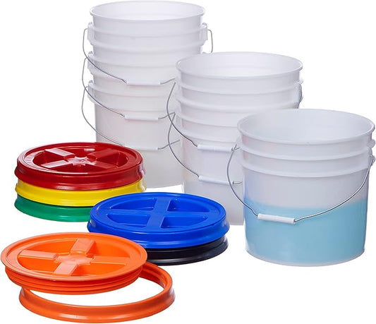 Consolidated Plastics 3.5 Gallon Natural Food Grade Buckets + 6 Gamma Seal Lids, BPA Free Container Storage, Durable HDPE Pails, Made in USA (6 Pack)
