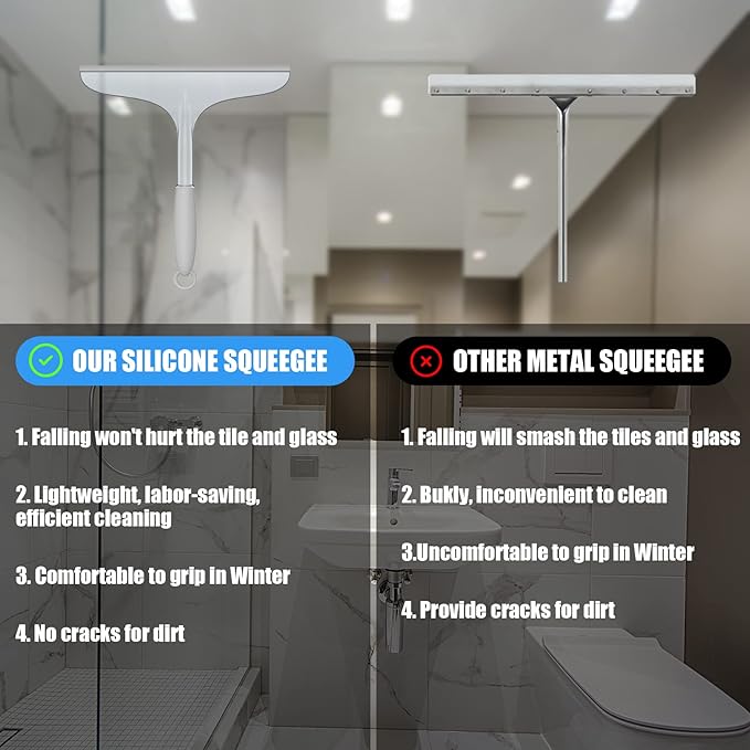 Shower Squeegee for Glass Shower Doors Bathroom Tile Mirror – Streak-Free Silent Window Cleaner with Non-Slip Handle and Adhesive Hook for Car and Home Cleaning