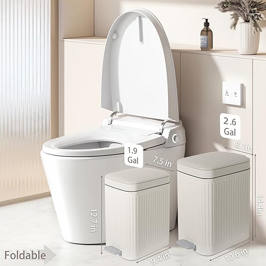 rejomiik Small Bathroom Trash Can with Lid 2.6 Gallon Step Trash Can Slim Garbage Can with Soft-Close Waste Bin for Bathroom, Bedroom, Office, Dorm, RV, Off-White
