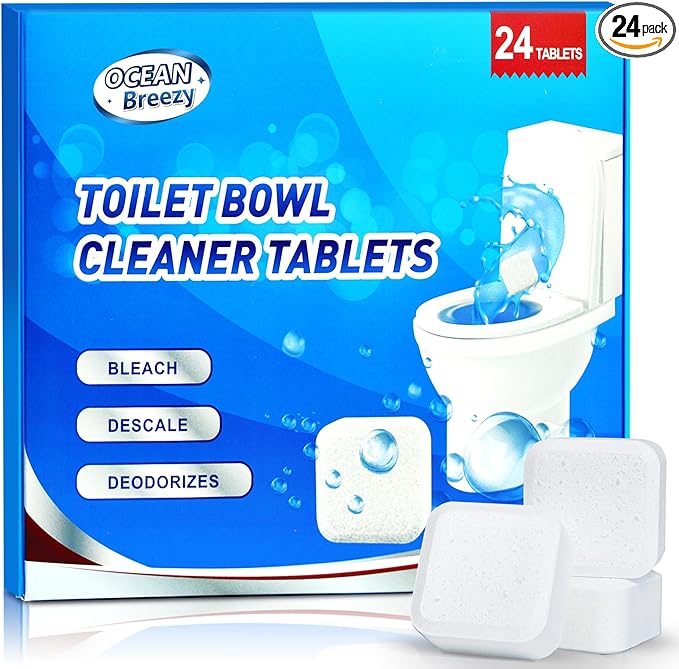 OceanBreezy Toilet Bowl Cleaner Bleach Tablets – Deep Cleaning & Deodorize, Effectively Removes Hard Stains (24-Pack Year Supply), Septic-Safe, Bathroom Cleaning Supplies
