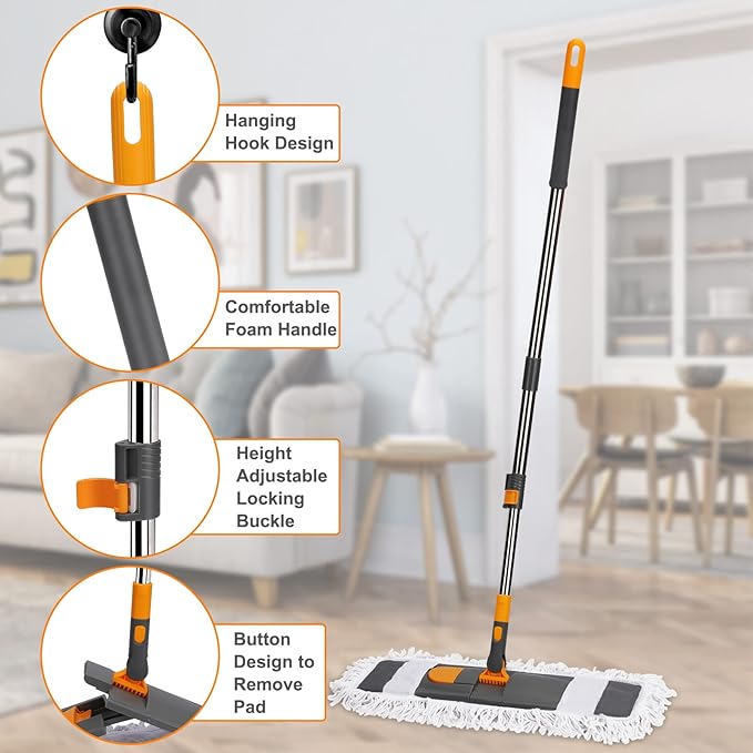 MASTERTOP Dust Mop for Floor Cleaning, Microfiber Floor Mop with 2 Washable Pads, Height Adjustable Long Handle, 26.4'' Dry and Wet Flat Mop for Hardwood, Laminate, Tile, Marble