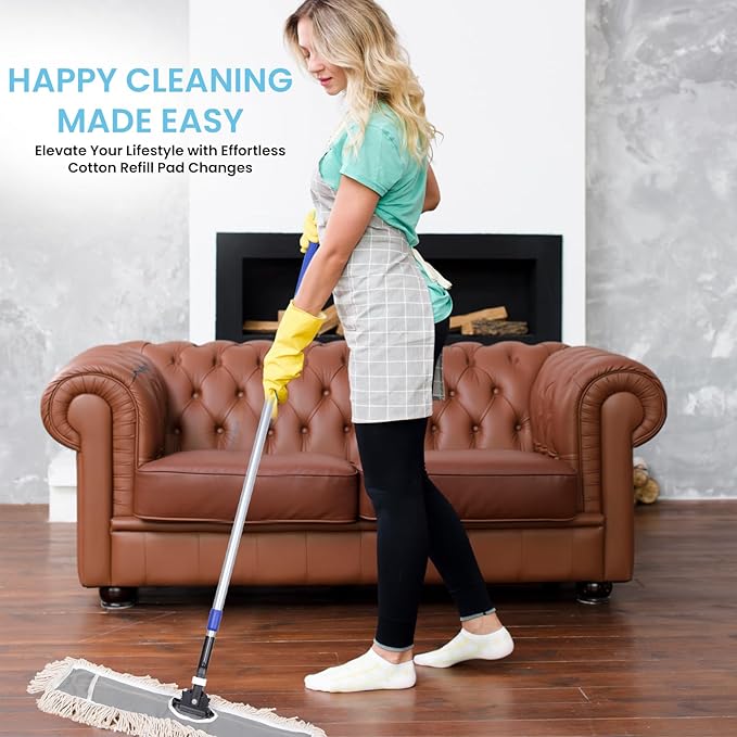 JINCLEAN 24" Industrial Cotton Floor Dust Mop with adjustable Steel Handle - Commercial Mops for Hardwood, Tiles, Laminate, Vinyl, Garage epoxy, Bamboo surface cleaning and Flooring Push Dust Broom