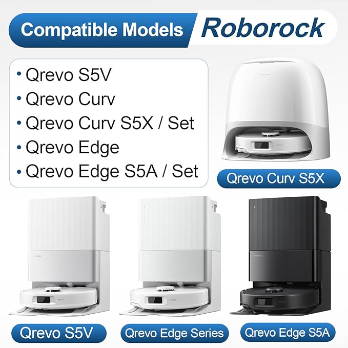 RUKHOOL Qrevo S5V Accessories Replacement Parts for Roborock Qrevo Curv/Qrevo Curv S5X / Qrevo Edge/Qrevo Edge S5A Accessory Kit 2 Main Brushes 6 Dust Bags 4 Filters 4 Mop Pads 4 Arch Side Brushes