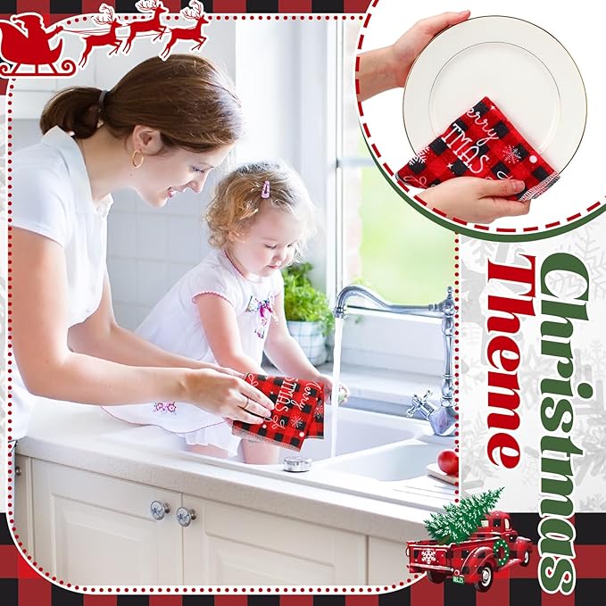 36 Pcs Christmas Reusable Paper Towels Rolls Washable Bulk Christmas Snowman Snowflake Red Plaid Kitchen Towels Paperless Reusable Cloth Cotton Napkins with Cardboard for Kitchen Bathroom