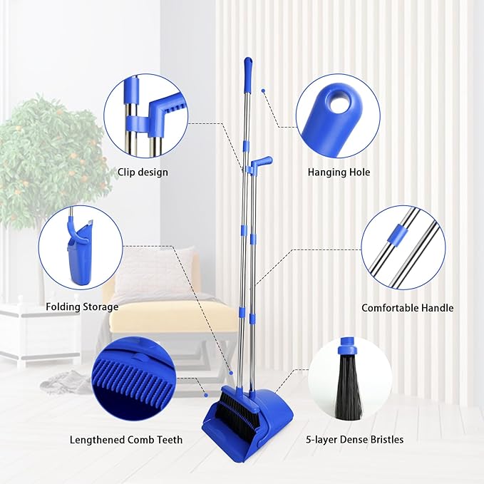 XXFLOWER Broom and Dustpan Set, Long Handle Lightweight Dustpans with Broom Combo for Home, Indoor&Outdoor Sweeping for Home Room Kitchen Office Lobby (Dark Blue)