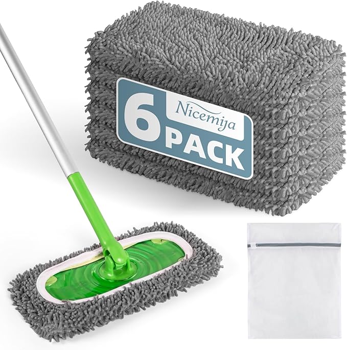 Nicemiya 6 Pack Reusable Mop Pads Compatible with Swiffer Sweeper, Washable Wet & Dry Mopping Sweeping Cloth for Multi-Surface Cleaning, Microfiber Chenille Pad Refills (Gray, Not Include MOP)
