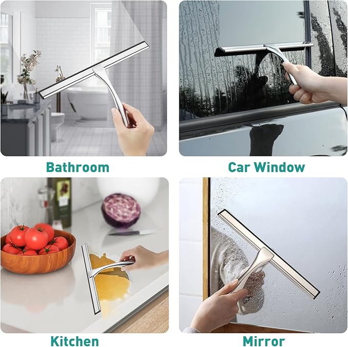 steauty Shower Squeegee for Glass Doors,10-Inch Shower Glass Squeegee, Sliver Shower Squeegee for Shower Doors,Mirror,Windows, with Shower Door Hook and Adhesive Hook