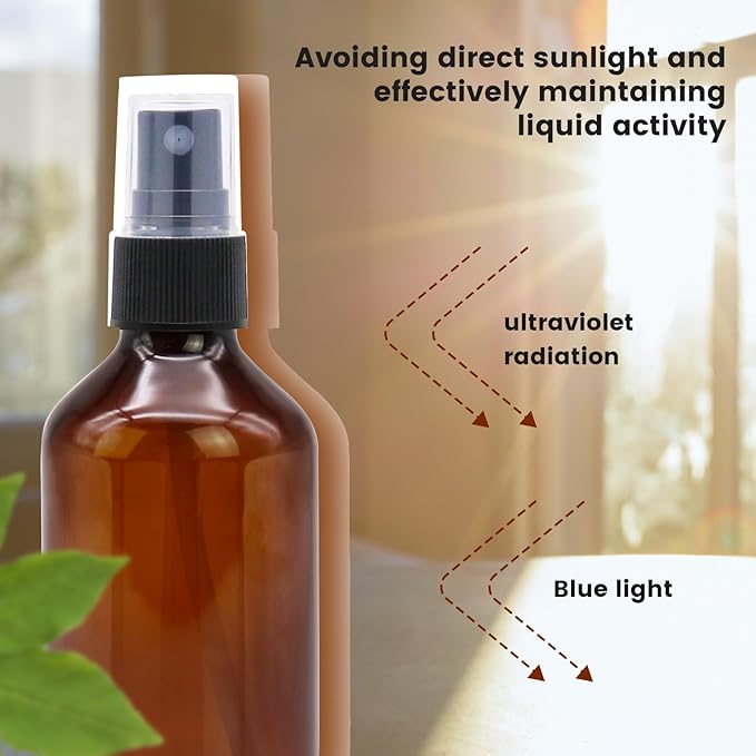 6 Pack 3.4oz Amber Spray Bottles, Small Fine Mist Mister Plastic Travel Bottles, Empty Bottles Set for Essential Oils Hair