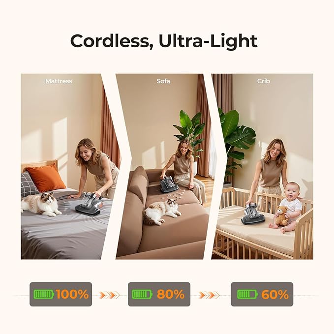 JIGOO Mattress Vacuum Cleaner with UV-C Light, Bed Vacuum Cleaner with Dust Sensor, Ultrasonic and High Heating, Deep Cleaning Bed Vacuum for Sofa Bed Fabric Surface (Gray)