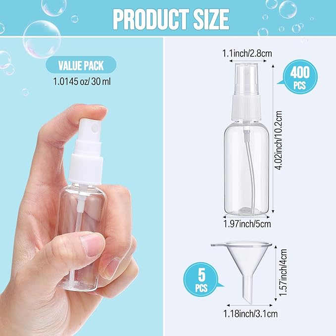 Uiifan 400 Pcs Mini Clear Spray Bottles 1 oz Small Empty Plastic Fine Mist Spray Bottles with Small Funnels for Essential Oils Travel Alcohol Perfumes