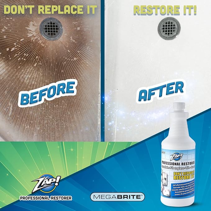 Megabrite - ZAP! Professional Tile & Grout Restorer | Cleans & Restores Porcelain, Fiberglass, Tile, & Grout Surfaces | Rust & Hard Water Remover | Kitchens & Bathroom Porcelain Sinks, Toilets, & Tubs