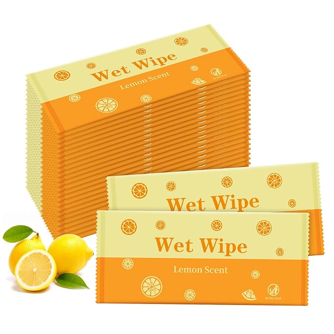 Hand Wipes Travel Size, 50 Pcs Wet Wipes Individually Wrapped for Barbecue, Seafood Boil Party, Restaurant, Lemon Scent