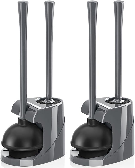 Toilet Plunger and Brush, Bowl Brush and Heavy Duty Toilet Plunger Set with Ventilated Holder, 2-in-1 Bathroom Cleaning Combo with Modern Caddy Stand for 5.7-inch Toilet Drain(Grey, 2 Set)