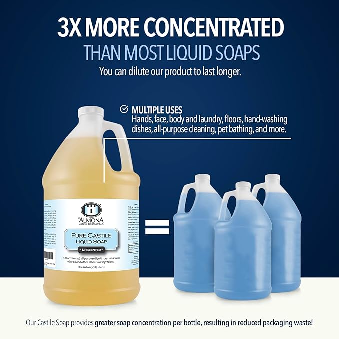 Pure Castile Liquid Soap, LAVENDER, 1 Gallon - Multipurpose: Hands, Face, Body, Laundry, Dishes & More - For Sensitive Skin, All-Natural Ingredients, Scented with Essential Oils