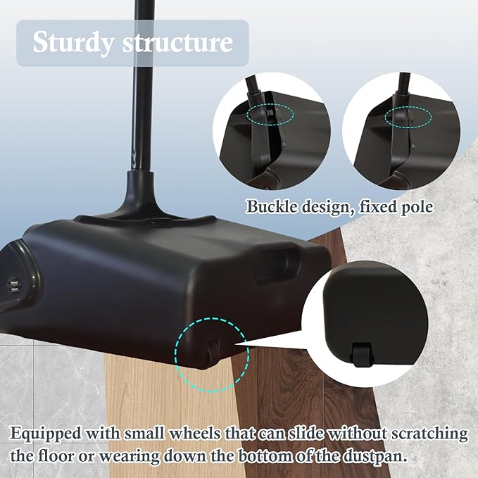 Primero Basics 3-Pack Commercial Upright Dust Pan with Long Handle and Wheels – Heavy Duty Large Dust Pans for Indoor/Outdoor Use, Janitorial or House Cleaning Tools, Black Standing Dustpan