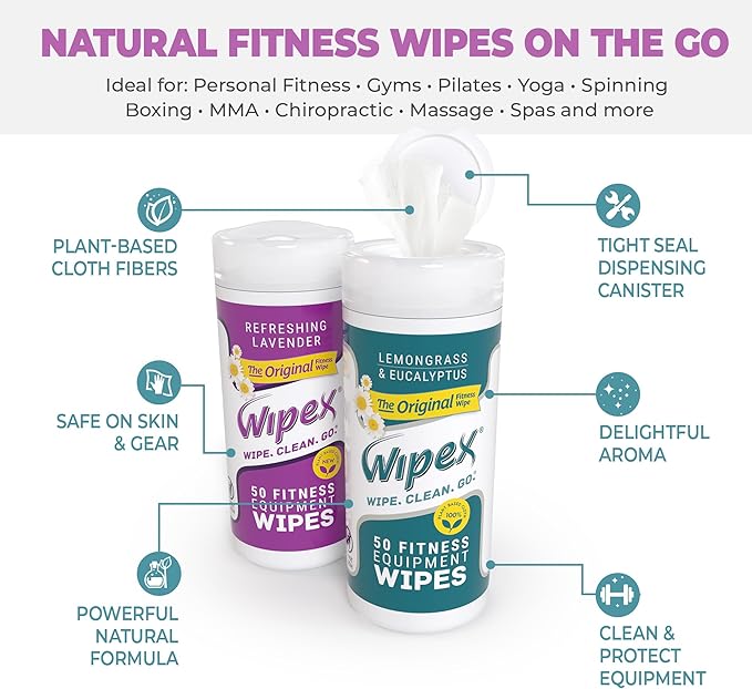 Wipex Original Fitness Equipment Wipes - Plant Based Gym Wipes for Equipment, Yoga Mat Cleaner, Peloton Cleaner, Exercise Machines, Natural w/Lemongrass, Eucalyptus & Vinegar, 50 Count (Pack of 12)