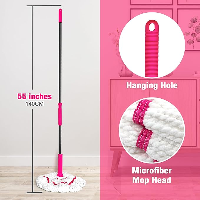 NEWE Self Wringing Twist Mop for Floor Cleaning, Upgraded 18-inch Wide Microfiber Mops, 55 inches Long Handle Wet Dry Kitchen Easy Squeeze String Mop for Wood, Hardwood, Tile, Marble (Rose Red)