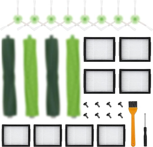 Katerelis 18 Pack Compatible with E/i/j Series Replacement Parts, E5 E6 E7 i2 i3 i3+i4 i4+ i6 i6+ i7 i7+ i8 i8+/Plus, 2 sets of multi-surface rubber roller brush 8 filters 8 side brushes