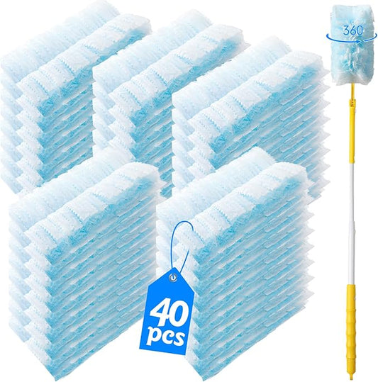 Senowi 40 Count 360° Heavy Duty Duster Refills Compatible with Swiffer,Large Size-Extra Thick Disposable Electrostatic Duster Refill with 1 Retractable Handle(35-inch Length Fully expanded)