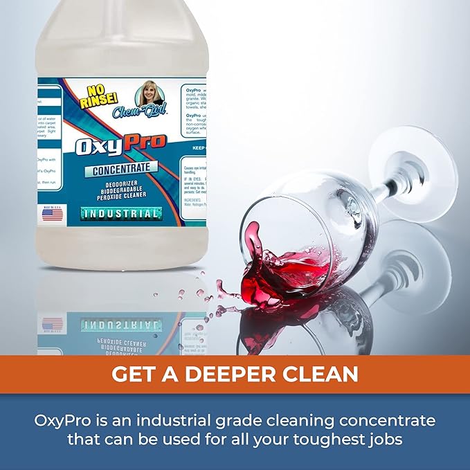 Chem-Girl OxyPro Concentrated Multi-Purpose Surface Cleaner to the Rescue - Chlorine-Free, Oxygen-Powered Stain & Odor Remover, 5 Percent Hydrogen Peroxide (H2O2), 1-Gallon, 2-Pack