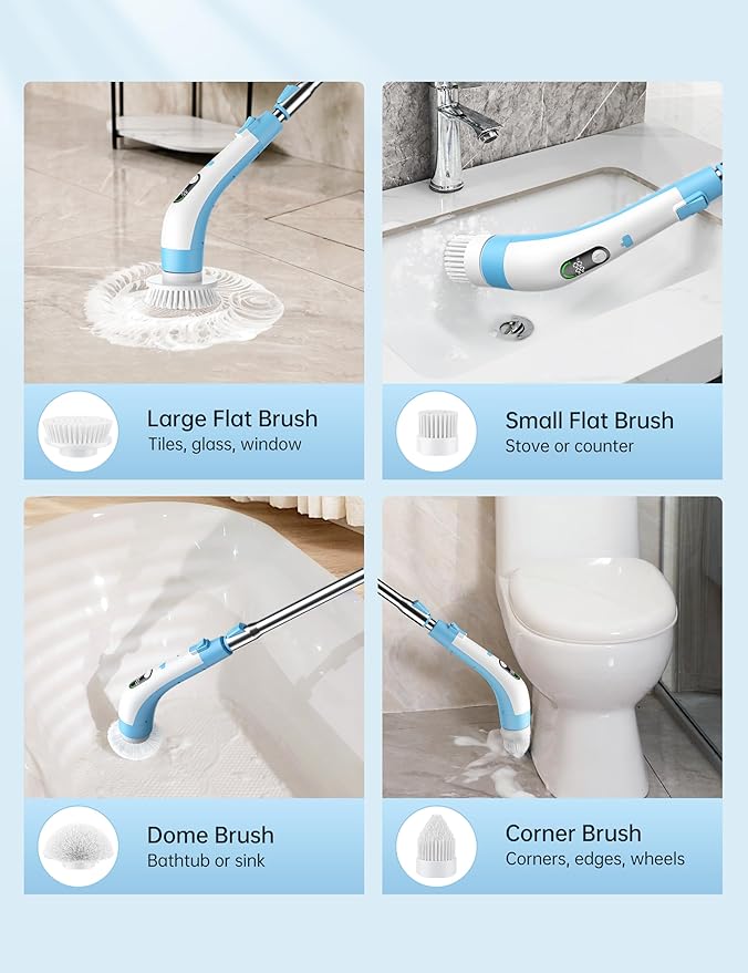 Electric Spin Scrubber with LED Display, IPX7 Waterproof Powerful Shower Scrubber, 2H Runtime, 2 Speeds, Adjustable Handle, 8 Brush Heads for Bathtub Tile Car-Blue and White