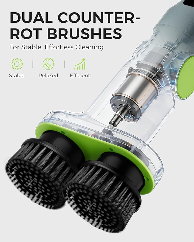 Electric Spin Scrubber Cordless Dual-Brush, IPX7 Waterproof Bathroom Power Scrubber Removalbe Extendable Handle with Digital Display, 2 Speeds, 6 Brush Heads for Bathroom, Tub, Tile, Shower, and Car