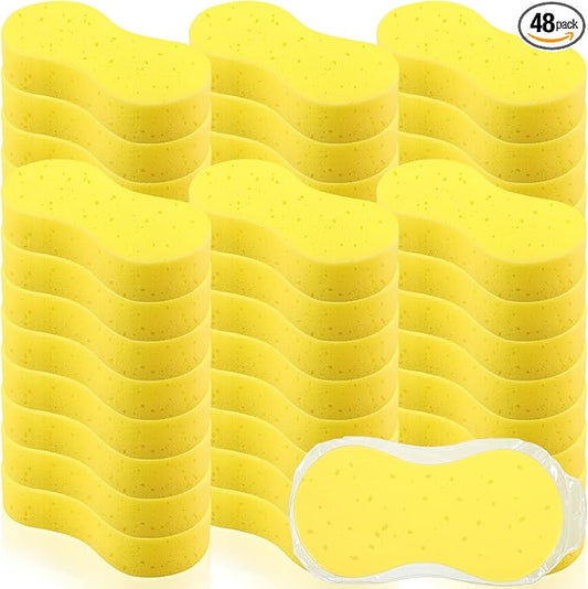 Vesici 48 Pack Car Wash Sponges Large Sponges Bulk Big All-Purpose Scrubber Thick Foam Car Cleaning Supplies for Washing Boat Kitchen Household with Single Vacuum Compressed Packing (Bright Yellow)