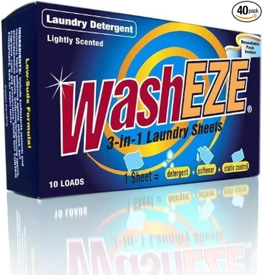 WashEZE Laundry Detergent Sheets 40 Loads Light Scent Includes Detergent Fabric Softener Stain Lifter and Static Guard All in One Laundry Detergent Solution
