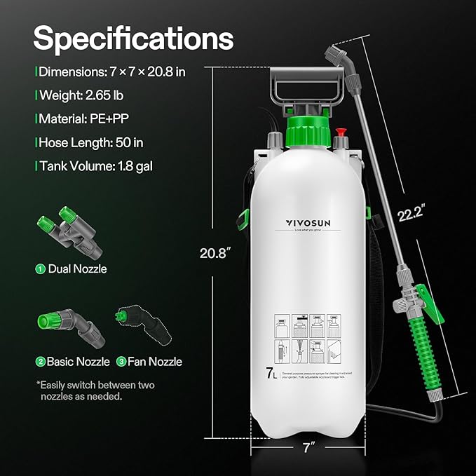 VIVOSUN 1.8 Gal/7L Pump Sprayer, Garden Water Sprayer for Plants, Weeds & Lawn Care, with 3 Nozzles, 50'' Long Hose & Pressure Relief Valve