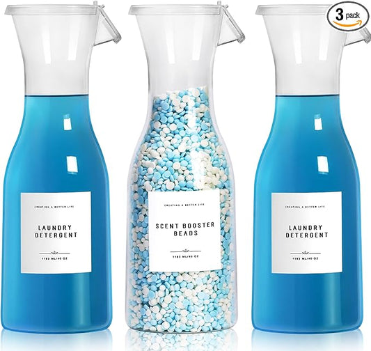 Laundry Detergent Dispenser Bottle 40oz with Waterproof Label for Laundry Detergent Soap Fabric Softener Bleach Scent Booster Beads, Sturdy PET Bottle for Laundry Room Decor 3 Pack