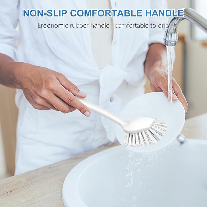 SetSail Dish Brush with Handle, 2 Pack Stiff Bristles Dish Scrubber with Built-in Scraper Dish Scrub Brushes for Cleaning Dishes, Pots and Pans, Kitchen Sink, 3 Pack, Black White