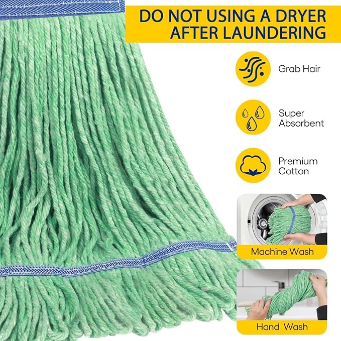 Matthew Cleaning Heavy Duty Mop Head Commercial Replacement for General and Floor Cleaning, Wet Industrial Blue Cotton Looped End String Head Refill (Pack of 12) Green
