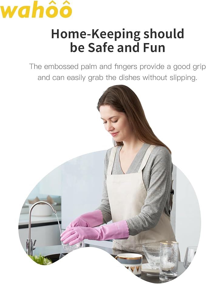 wahoo Skin-Friendly Cleaning Gloves, Reusable Dishwashing Gloves with Flocked Cotton Liner, Dishwashing, Kitchen,Mauve Mist, Medium