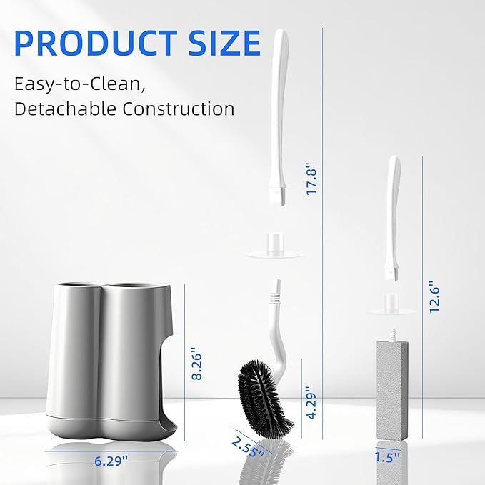 LZLOOK Toilet Brush and Holder Set with Pumice Stone – Long Handle Toilet Bowl Brush, Anti-Splash Scrubber, Ventilated Drip-Free Base, Deep Cleaner for Hard Water Stains, Limescale, Toilet Rings, Grey